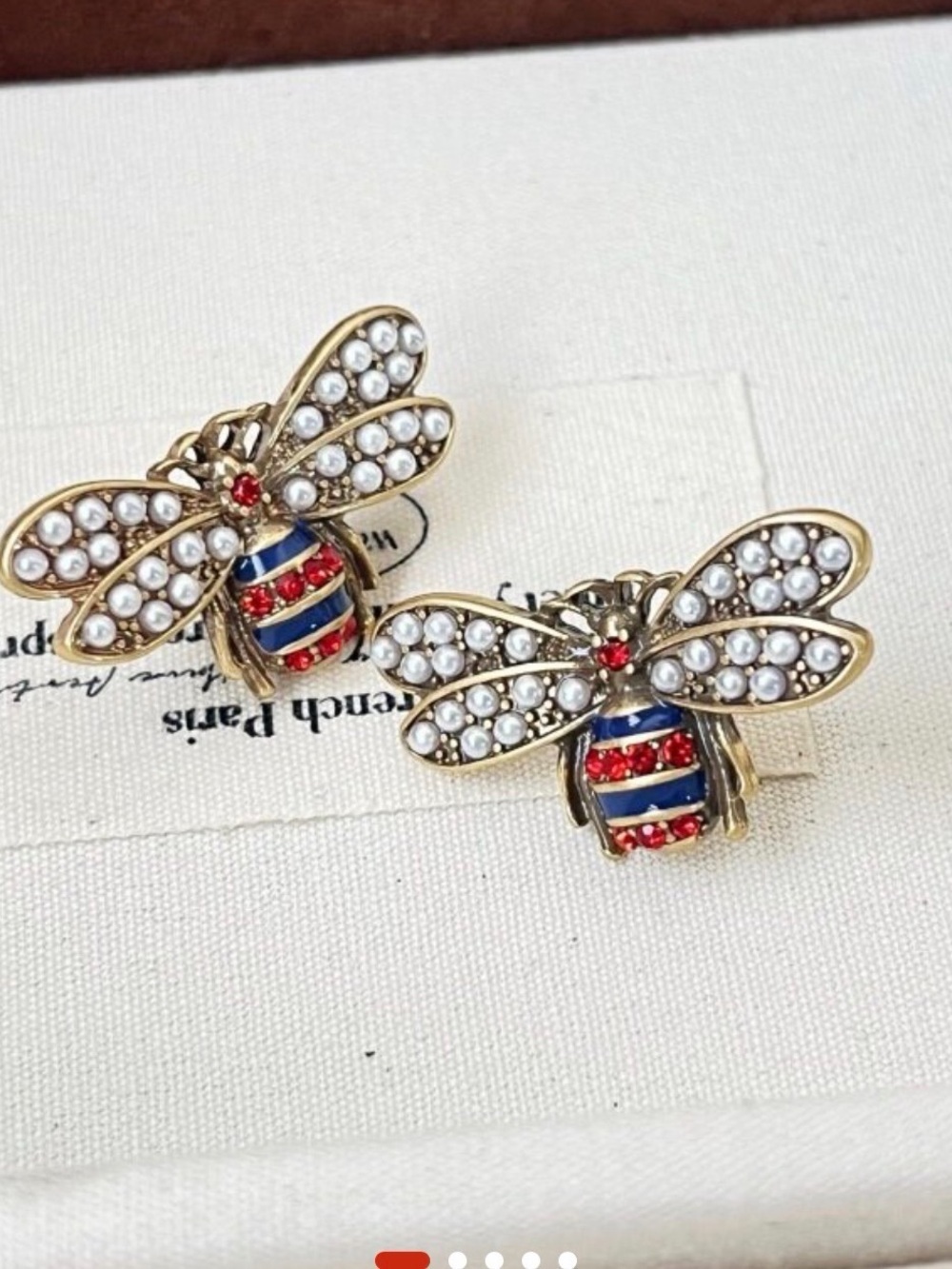 Gold Bee Earrings with Pearl Wings and Red & Blue Crystal Stripes